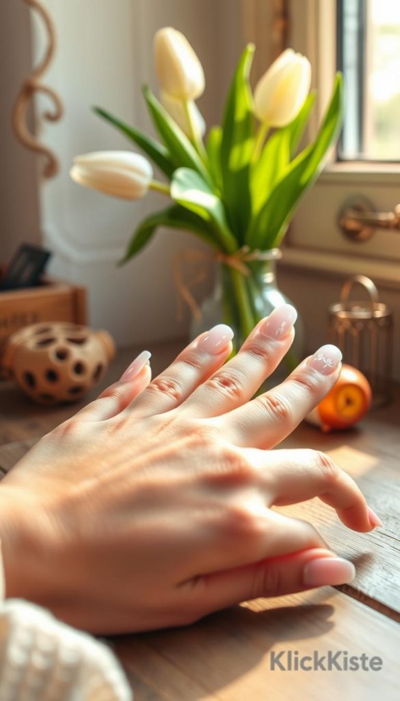 A close-up view of an elegantly manicured hand showcasing a chic French tip nail design, adorned with soft pastel colors and delicate floral patterns for a spring vibe. The hand should be gently resting on a wooden table, surrounded by natural elements like a small vase of fresh tulips and gentle sunlight filtering through a nearby window, illuminating the scene. In the background, a cozy, inviting atmosphere with a soft-focus effect emphasizes the manicure. Use warm, inviting lighting to create a soothing mood that evokes seasonal freshness and self-care. The image should reflect a DIY aesthetic with a Pinterest-inspired look, embodying authenticity and inspiration. Branding elements of "KlickKiste" subtly included in the design.