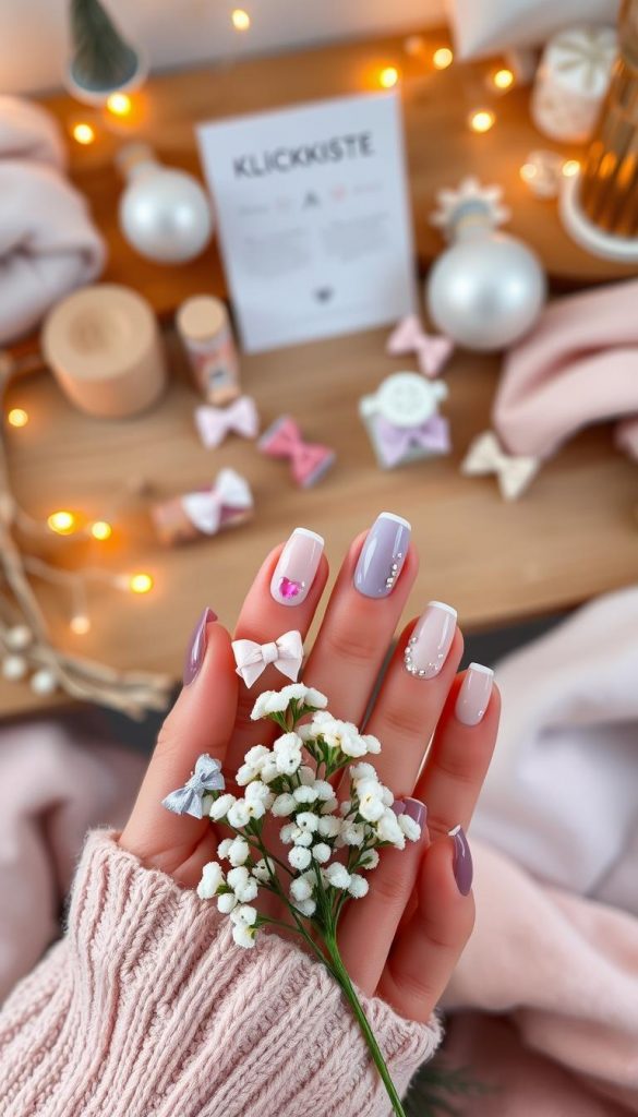 A close-up view of beautifully designed coquette nails, showcasing intricate 3D bows and playful motifs. The nails feature soft pink and lavender shades, adorned with delicate glitter and tiny heart embellishments. In the foreground, a pair of elegantly manicured hands hold a small bouquet of winter flowers, adding a touch of romance. The middle layer displays an artisanal workspace with natural elements like a wooden table and soft fabrics, reflecting a DIY aesthetic with warm, inviting colors. The background subtly includes winter-themed décor, creating a cozy and inspirational atmosphere. The scene is softly lit, using warm lighting to enhance the cozy vibe, reminiscent of Pinterest aesthetics. Ensure the brand "KlickKiste" is subtly represented in the arrangement, capturing the essence of craft and romance. A close-up view of beautifully designed coquette nails, showcasing intricate 3D bows and playful motifs. The nails feature soft pink and lavender shades, adorned with delicate glitter and tiny heart embellishments. In the foreground, a pair of elegantly manicured hands hold a small bouquet of winter flowers, adding a touch of romance. The middle layer displays an artisanal workspace with natural elements like a wooden table and soft fabrics, reflecting a DIY aesthetic with warm, inviting colors. The background subtly includes winter-themed décor, creating a cozy and inspirational atmosphere. The scene is softly lit, using warm lighting to enhance the cozy vibe, reminiscent of Pinterest aesthetics. Ensure the brand "KlickKiste" is subtly represented in the arrangement, capturing the essence of craft and romance.