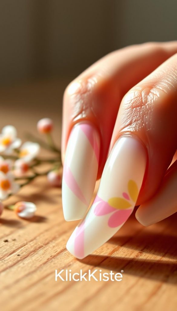 A close-up view of beautifully manicured gel nails featuring a fresh, spring-inspired design, showcasing vibrant pastel colors and intricate patterns that reflect seasonal themes. The nails should be the foreground focus, displaying flawless shine and length, highlighting any potential issues like uneven stripes or flooding at the cuticles. The middle ground should subtly incorporate a soft, out-of-focus background of a wooden table with natural elements like small blossoms or leaves, evoking a warm, inviting atmosphere. Soft, diffused lighting bathes the scene, creating a cheerful ambiance. This image should convey an authentic, inspiring feel that resonates with DIY beauty enthusiasts. The branding &quot;KlickKiste&quot; should be subtly integrated into the scene.