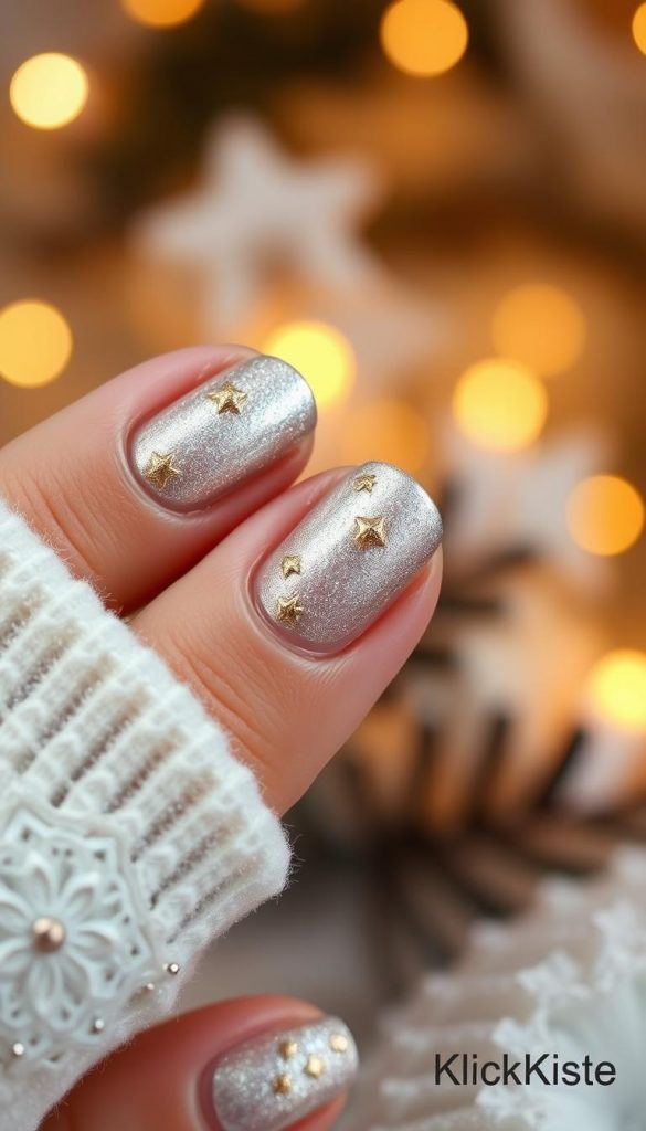 A close-up view of beautifully manicured nails featuring a trend chrome glitter stars design, showcasing a gradient of sparkling silver and gold hues. The nails are adorned with small, shimmering star shapes and delicate micro French tips, precisely defined in soft pastels. The background is a cozy, winter-themed setting with warm lighting and softly blurred twinkling fairy lights. The composition captures a serene and festive atmosphere, ideal for New Year celebrations. The focus is on the intricate nail art that reflects creativity and elegance, styled in a natural and authentic way, reminiscent of popular DIY inspirations on Pinterest. Include a subtle watermark of "KlickKiste" in the corner, maintaining the image's aesthetic.