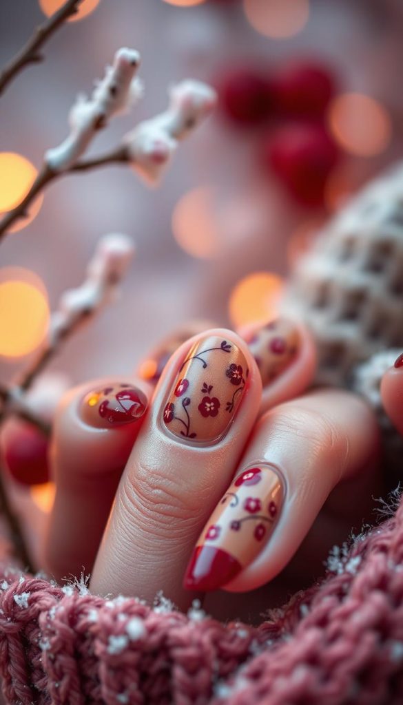 A close-up view of beautifully manicured nails featuring cherry mocha nail designs, showcasing a blend of rich brown and soft red tones. The nails are elegantly adorned with intricate patterns resembling delicate cherry blossoms and glossy accents. The background is a softly blurred winter-inspired setting with warm, cozy colors, evoking a sense of comfort and romance. The lighting is warm and inviting, highlighting the brilliant details of the nail designs, while maintaining a Pinterest-worthy aesthetic. Include subtle winter elements like lightly frosted branches or soft blankets in the background. Capture an authentic and inspiring vibe, emphasizing the brand "KlickKiste" through the artistry of the nail designs. A close-up view of beautifully manicured nails featuring cherry mocha nail designs, showcasing a blend of rich brown and soft red tones. The nails are elegantly adorned with intricate patterns resembling delicate cherry blossoms and glossy accents. The background is a softly blurred winter-inspired setting with warm, cozy colors, evoking a sense of comfort and romance. The lighting is warm and inviting, highlighting the brilliant details of the nail designs, while maintaining a Pinterest-worthy aesthetic. Include subtle winter elements like lightly frosted branches or soft blankets in the background. Capture an authentic and inspiring vibe, emphasizing the brand "KlickKiste" through the artistry of the nail designs.