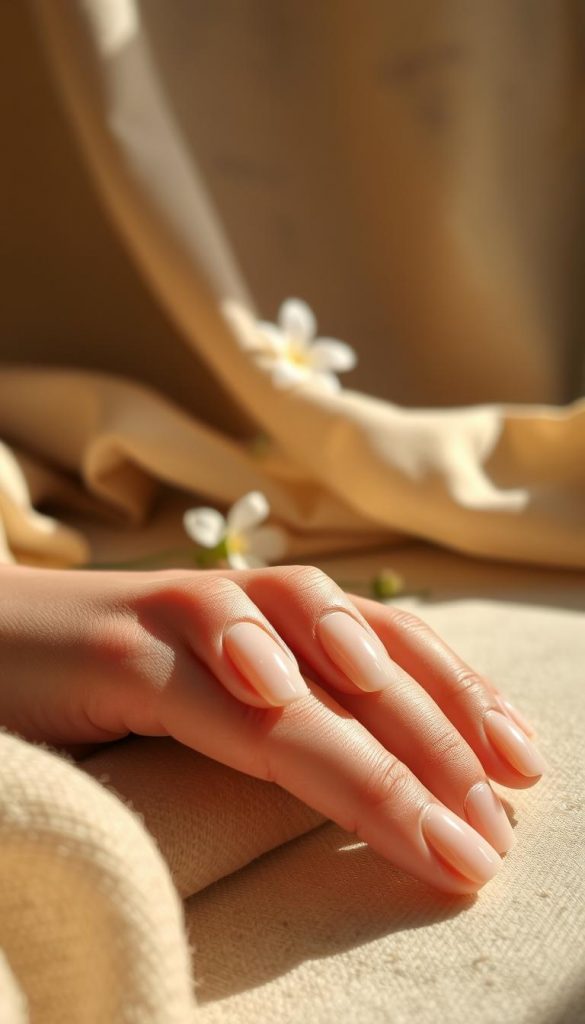 A close-up view of beautifully manicured soap nails featuring a blend of soft vanilla and beige tones, evoking a neutral and clean aesthetic. The nails are glossy with a subtle sheen, reflecting natural light in a cozy, inviting setting. In the foreground, focus on a delicate hand gently resting on a smooth, textured surface, suggesting a relaxed yet polished vibe. In the middle, incorporate soft, natural elements like a small white flower or a piece of fabric draped elegantly to enhance the serene atmosphere. The background should be softly blurred with warm, earthy tones to draw attention to the nails. The overall mood is warm, inspiring, and authentically minimalist, embodying the essence of &quot;KlickKiste.&quot; Ideal lighting captures the soft glow, accentuating the elegance of the designs.