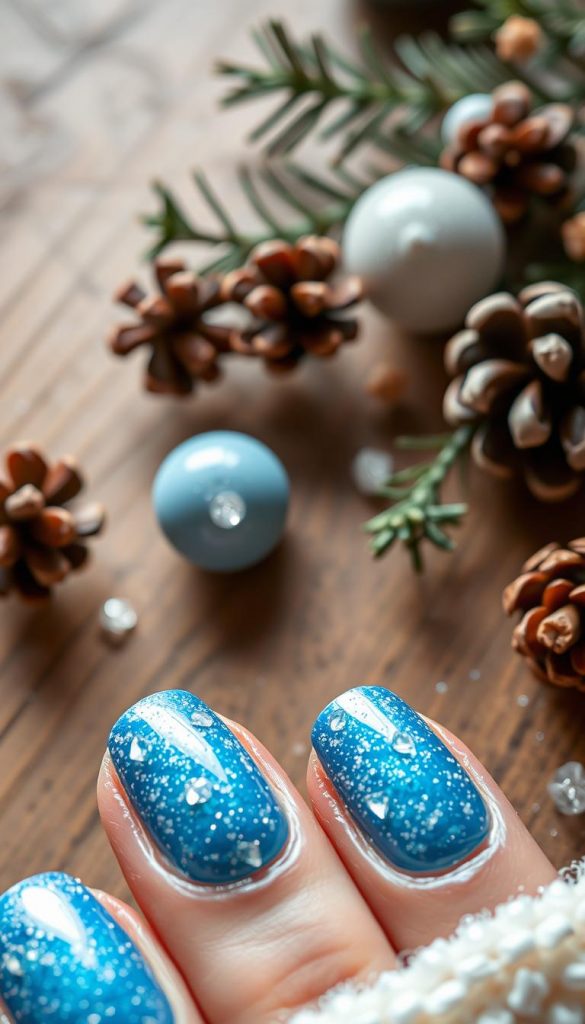 A close-up view of beautifully manicured winter blue nails sparkling with fairy dust, showcasing a shimmering icy surface. In the foreground, the nails glisten under soft, diffused lighting, capturing the essence of frost and glimmer. The middle layer features delicate, crystal-like accents scattered across the nails, enhancing the enchanting feel of winter. The background is softly blurred, suggesting a rustic wooden table adorned with subtle winter decorations, such as pinecones and sprigs of evergreen, creating a cozy atmosphere. The overall mood is warm and inviting, embodying the DIY aesthetic perfect for Pinterest inspiration. This image reflects the magical clash of winter and elegance, presented by KlickKiste.