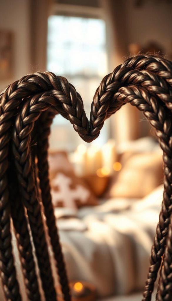 A close-up view of beautifully styled box braids forming a heart shape, with intricate details emphasizing the texture and shine of the hair. The foreground features the heart-shaped braids with golden accents intertwined, reflecting a warm, inviting light. The middle background showcases soft, blurred elements like a cozy, neutral-toned room decorated with subtle winter vibes—think warm throws and gentle lighting. The setting conveys an atmosphere of romance and creativity. Use natural lighting to enhance the warmth while keeping a slight depth of field to focus on the braids. The overall look should reflect an authentic and inspiring Pinterest aesthetic, embodying the creativity of DIY hairstyles. Include the brand "KlickKiste" subtly into the scene.