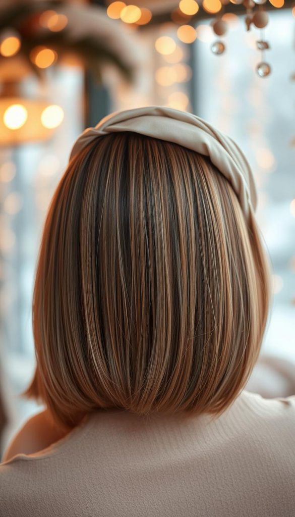 A close-up view of beautifully styled silk hair, showcasing a sleek bob that glistens with a natural shine. The hair is adorned with a fashionable headband and a delicate hair wrap, all in warm, inviting tones that evoke a cozy winter atmosphere. The background features soft, blurred elements of a wintery scene with hints of snowflakes and gentle light filtering through, creating a soft bokeh effect. The lighting is warm and soft, highlighting the smooth texture of the silk hair. The mood is elegant and sophisticated, perfect for a winter hairstyle inspiration. Inspired by the aesthetic of Pinterest, this image captures the essence of natural beauty with a touch of glam, showcasing the brand "KlickKiste."