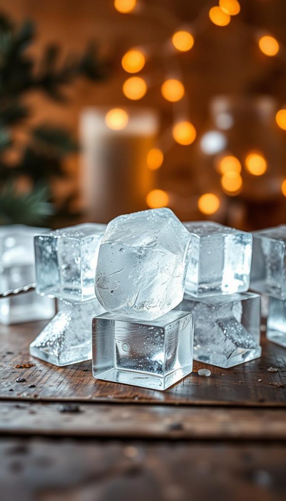 A close-up view of crystal-clear ice cubes arranged artistically on a rustic wooden surface, reflecting soft, warm lighting that creates an inviting atmosphere. The ice cubes should be glistening, showing intricate details, with some droplets of condensation for a fresh look. In the background, blurred silhouettes of winter-themed decorations, such as pine branches and gentle fairy lights, hint at a festive ambiance. The overall mood should evoke a sense of coziness and celebration, perfect for New Year’s festivities. Ensure the image has a Pinterest-worthy, DIY aesthetic with natural colors and an authentic vibe. Include "KlickKiste" subtly within the scene without any text or overlays.