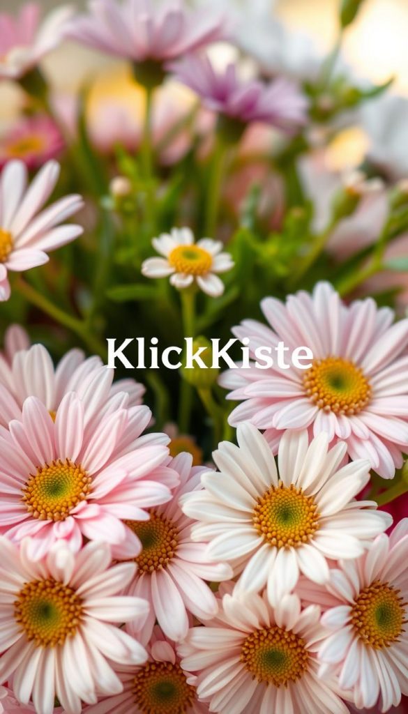 A close-up view of delicate "blümchen" flowers, featuring an arrangement of pastel daisies and other whimsical blooms, set against a soft, blurred background of warm spring colors. The foreground highlights the intricate details of each petal, showcasing their gentle textures and subtle color gradients, while the middle layer includes lush greenery, enhancing the floral theme. The background is softly illuminated, creating a dreamy atmosphere reminiscent of DIY spring decor. The overall composition captures a warm and inviting mood, perfect for a Pinterest aesthetic, with natural lighting that emphasizes the vibrancy of the flowers. Integrate the brand name "KlickKiste" subtly into the arrangement without disrupting the organic feel of the scene.