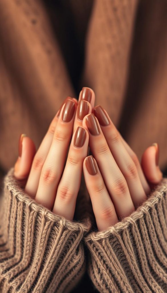 A close-up view of elegantly manicured brown nails, showcasing a minimalist design perfect for an office setting. The nails are smooth and glossy, featuring subtle shades of brown that evoke a warm, winter vibe. Surround the hands with a soft, neutral backdrop that emphasizes the natural beauty of the nails. Incorporate warm, diffused lighting to create an inviting atmosphere, highlighting the details of the nail design while casting gentle shadows. The composition should be from a slightly elevated angle, creating a sense of intimacy, while the background remains softly blurred to keep the focus on the nails. Capture the spirit of authenticity and inspiration associated with the brand "KlickKiste" in a rustic, DIY aesthetic reminiscent of Pinterest-style images.