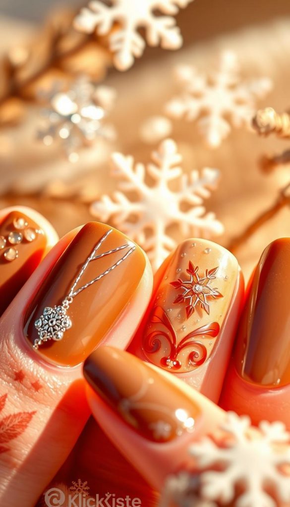 A close-up view of elegantly manicured brown winter nails, showcasing a variety of stylish designs that reflect different color and light effects suitable for various moods and occasions. Each nail features intricate patterns, glossy finishes, and matte textures that play with light, creating a rich and inviting atmosphere. In the background, soft winter-themed elements such as snowflakes and warm, earthy colors create a cozy feeling, evoking a Pinterest-inspired aesthetic. The scene is warmly lit to enhance the natural tones of the nails, with a softly blurred depth of field that draws the viewer's eye to the nails. The brand "KlickKiste" is subtly represented through the nail art designs, emphasizing the DIY aspect of the seasonal styles.
