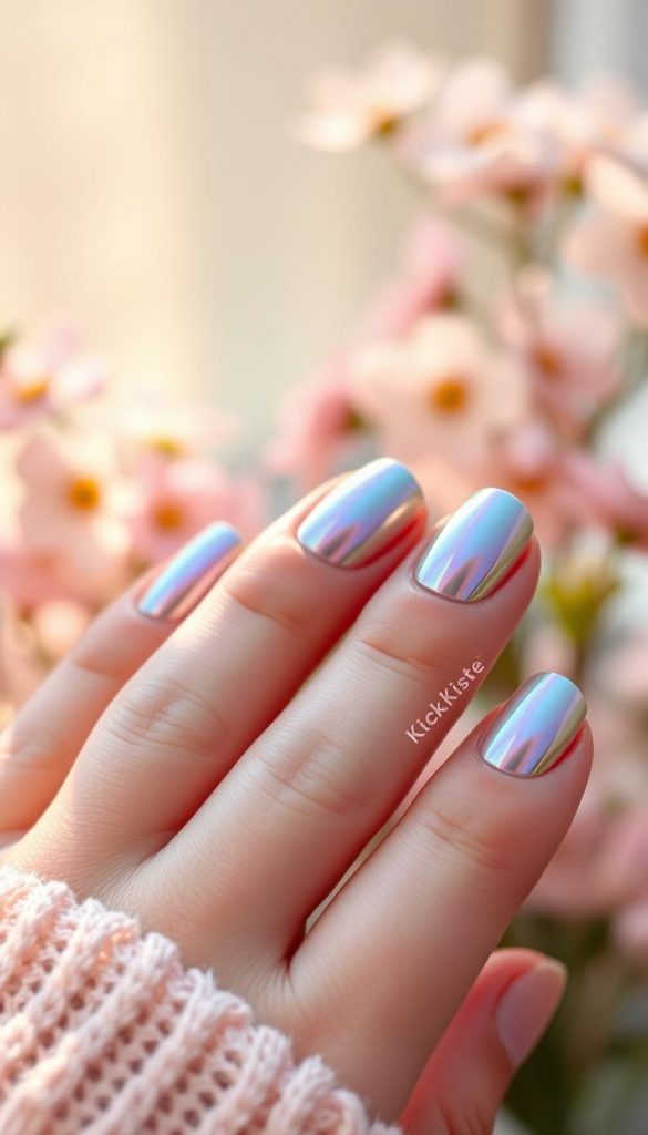 A close-up view of elegantly manicured nails featuring a glazed chrome finish, reflecting a spectrum of soft pastel colors under warm, soft lighting. The foreground showcases a pristine hand, adorned with nails that capture the light, creating a metallic shine and glossy surface. In the middle ground, a softly blurred background suggests a cozy spring setting, with subtle hints of flowers and greenery that complement the vibrant yet soothing tones of the nails. The atmosphere is fresh and uplifting, evoking feelings of renewal and elegance. The image should embody a modern aesthetic, suitable for a DIY beauty feature, branded with the name "KlickKiste." Sharp focus on the nails, using a macro lens effect to enhance texture and sheen.