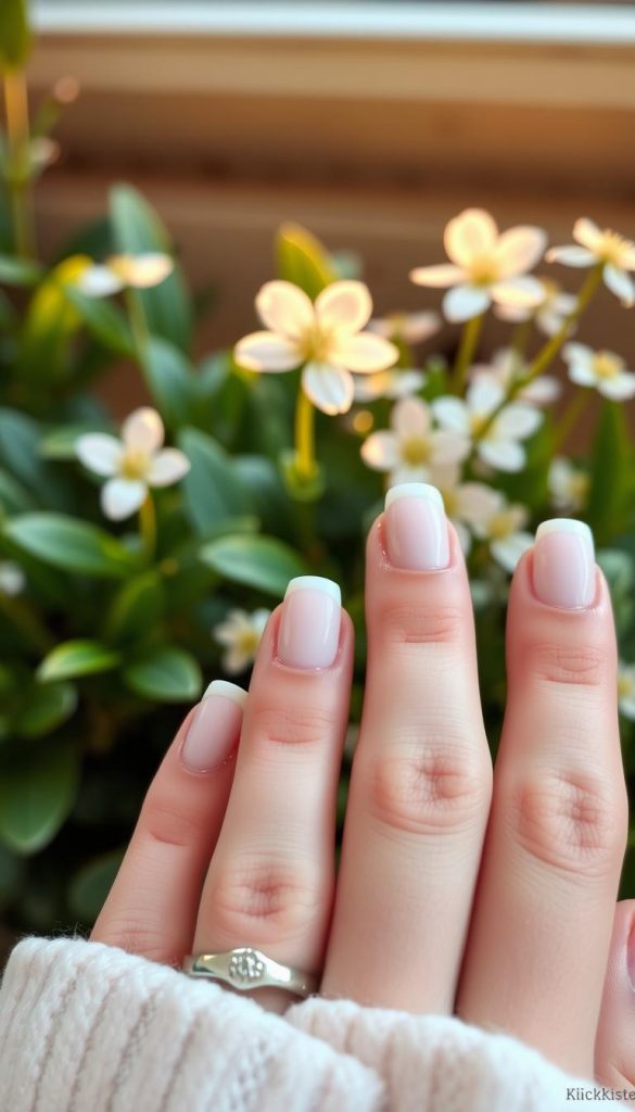 A close-up view of elegantly manicured nails showcasing a classic French tip design, featuring soft, milky pastel shades as the base. The foreground displays well-groomed fingers adorned with shiny, minimalistic silver rings, reflecting a chic everyday aesthetic. In the middle, a softly blurred background of lush green plants and delicate spring flowers enhances the natural vibe. The lighting is warm and inviting, with a golden hour glow that accentuates the nails and creates a cozy atmosphere. The image captures a Pinterest-worthy essence, evoking feelings of freshness and sophistication. The scene should be subtly branded with "KlickKiste" elements, blending seamlessly into the overall composition, without any text or logo overlays.