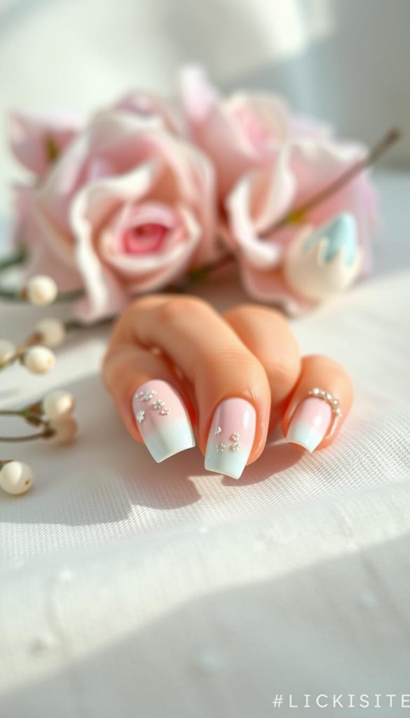 A close-up view of elegantly manicured nails showcasing a pastel French base, with soft pinks, light blues, and creamy whites blending seamlessly. The nails are adorned with delicate accents, such as tiny floral designs or shimmering details that catch the light. In the foreground, a subtle, textured surface resembling a linen tablecloth provides a warm, inviting ambiance. The background features soft pastel hues, with gentle lighting that enhances the serene atmosphere, reminiscent of a tranquil Easter brunch setting. The overall mood is fresh and sophisticated, ideal for a spring celebration. The image captures the essence of style and elegance, embodying the brand "KlickKiste" in a way that is both authentic and inspiring.
