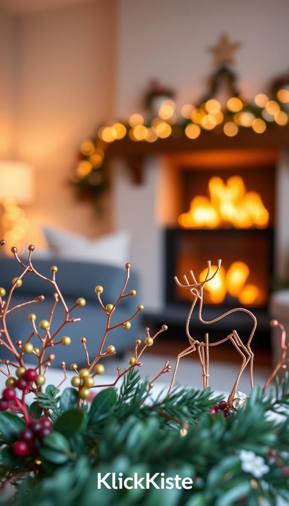 A close-up view of minimalist Christmas ornaments featuring elegant mistletoe and deer motifs crafted from thin, twisted wire. The foreground showcases a beautifully arranged assortment of these wire designs, reflecting warm, inviting colors that evoke winter vibes. In the middle ground, a softly blurred, cozy living room setting is visible, adorned with soft, ambient lighting creating a tranquil atmosphere. The background features a gently lit fireplace with flickering flames, enhancing the homey feel. The image should have a soft focus with a slightly warm color palette, resembling a Pinterest-style aesthetic. The brand name "KlickKiste" should be subtly incorporated into the design, enhancing the overall authentic and inspiring DIY theme.