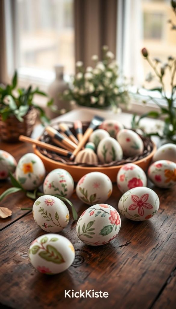 A collection of beautifully decorated Easter eggs, or "ostereier," displayed on a wooden table in a cozy, warmly lit setting. In the foreground, several intricately designed eggs showcase various DIY techniques, featuring pastel colors, floral patterns, and natural effects like leaves and twigs. The middle ground includes a subtle arrangement of crafting materials like paint, brushes, and natural dye sources, artfully scattered around the eggs. In the background, soft hints of greenery and delicate flowers create a serene, springtime atmosphere. The lighting should be soft and inviting, emphasizing the textures and colors of the eggs. Aim for a Pinterest-inspired aesthetic that is both authentic and inspiring, branded with "KlickKiste."