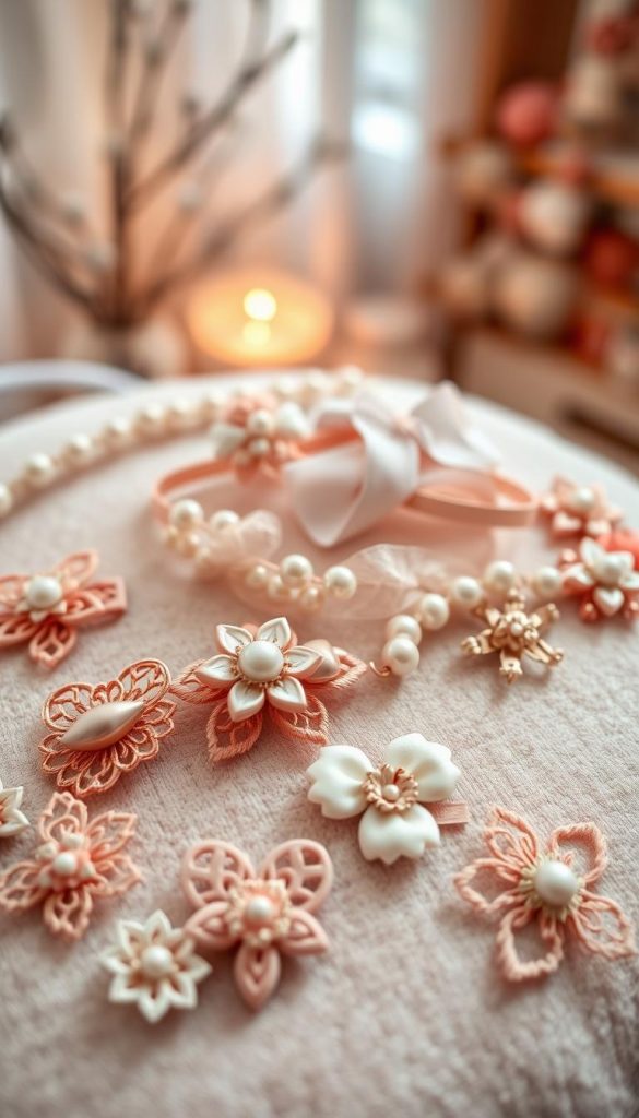A collection of beautifully designed hair clips arranged artfully on a soft, textured surface. The foreground features a variety of intricate clips, including heart-shaped and floral designs, in warm pastel colors. The middle layer shows delicate bows and elegant headbands intertwined with strands of pearls and faux flowers, creating a romantic yet practical vibe. The background is softly blurred, hinting at a cozy, softly lit room decorated for Valentine's Day, with gentle winter-inspired elements. Use warm, natural lighting to enhance the earthy tones and textures, giving an authentic, inspiring Pinterest aesthetic. The image should evoke a sense of creativity and charm, ideal for showcasing the brand "KlickKiste."