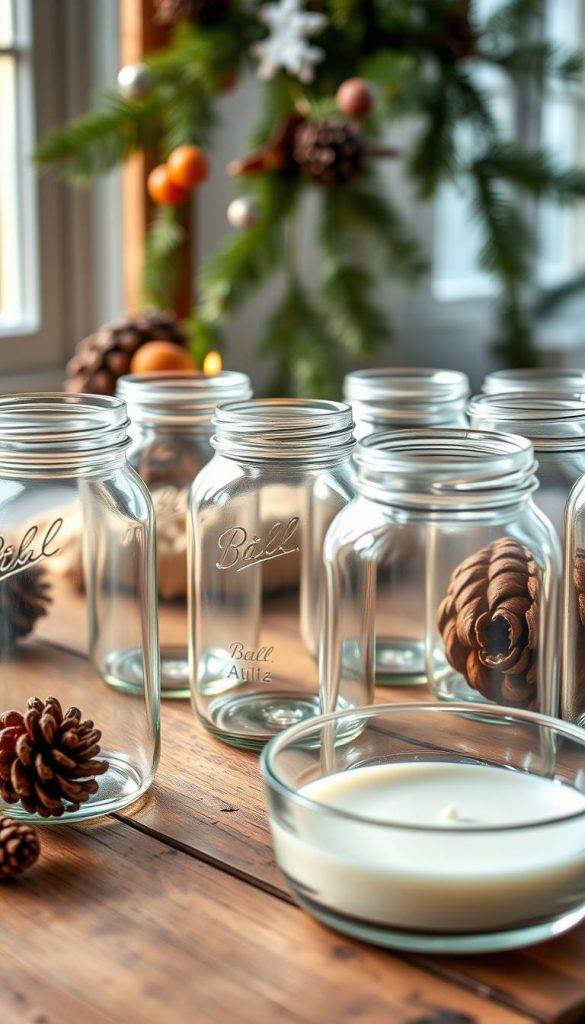 A collection of clean, odorless glass jars and vessels sit neatly arranged on a rustic wooden table. Soft natural light filters through the glass, casting warm, inviting reflections. The jars have been thoroughly cleaned and prepared, ready to be filled with scented candle wax. In the background, a cozy winter scene with fir branches and pine cones hints at the festive "Vanille, Fichte & Orange" theme. The overall mood is one of coziness and DIY inspiration, captured in the signature KlickKiste style - authentic and Pinterest-worthy. A collection of clean, odorless glass jars and vessels sit neatly arranged on a rustic wooden table. Soft natural light filters through the glass, casting warm, inviting reflections. The jars have been thoroughly cleaned and prepared, ready to be filled with scented candle wax. In the background, a cozy winter scene with fir branches and pine cones hints at the festive "Vanille, Fichte & Orange" theme. The overall mood is one of coziness and DIY inspiration, captured in the signature KlickKiste style - authentic and Pinterest-worthy.