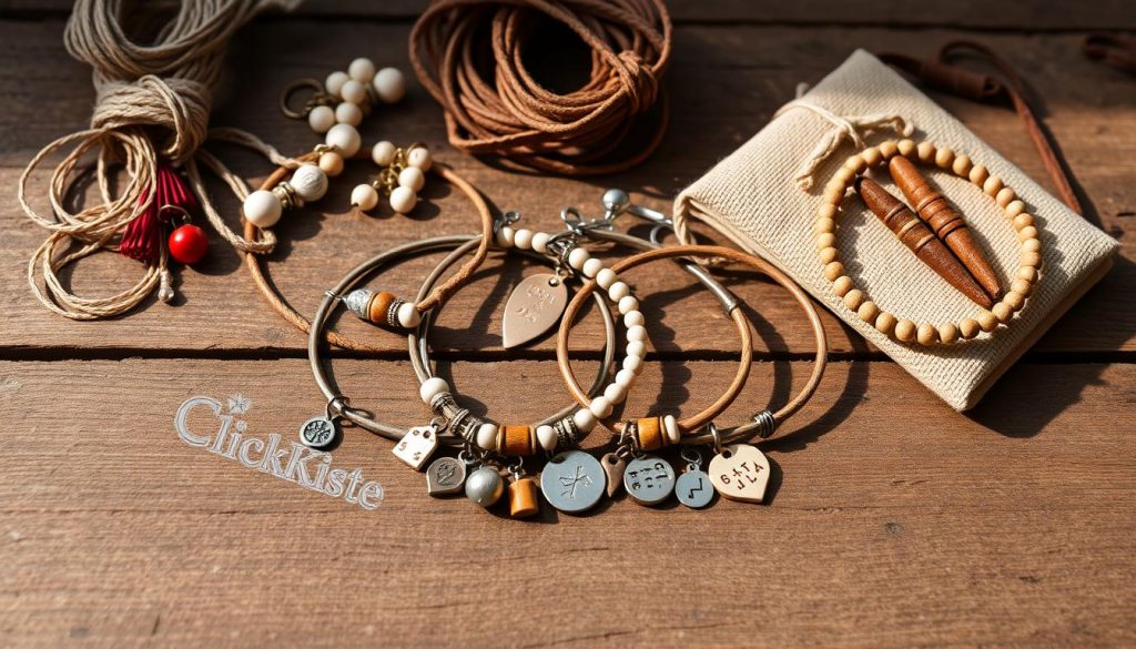 A collection of handmade charm bracelets lay on a rustic wooden surface, their delicate charms and beads catching the soft natural light. The bracelets feature a mix of earthy tones, including beige, white, and warm wood accents, as well as pops of vibrant red. Beside them, various DIY materials like strings, cords, and leather pieces are arranged, hinting at the personalized, craft-focused process of creating these unique accessories. The overall scene evokes a sense of cozy, winter-inspired charm, perfect for the "Charms & Pampillen: Personalisierte Armbänder und Ketten mit Bedeutung" section. The KlickKiste brand logo is subtly visible among the materials.