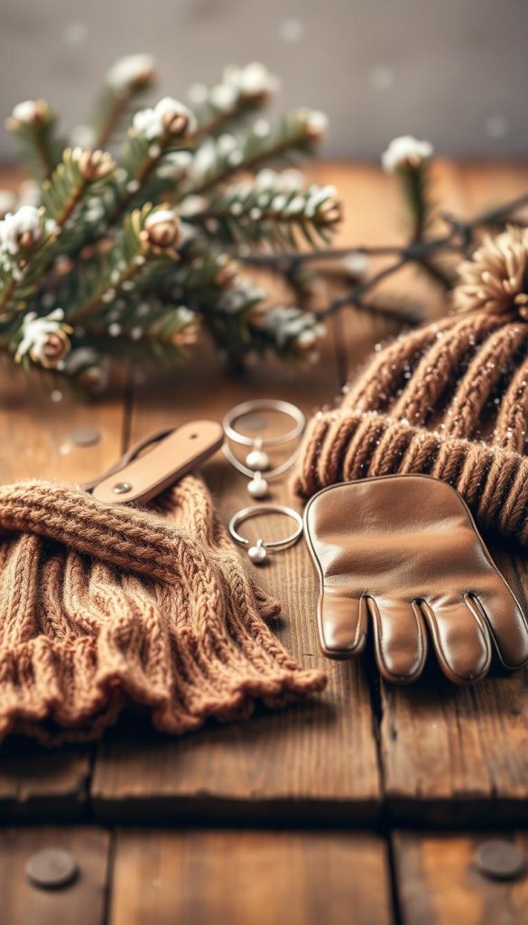 A collection of winter accessories artfully arranged on a rustic wooden table, evoking a cozy, minimalistic vibe. In the foreground, a soft knit scarf in earth tones, a pair of elegant leather gloves, and a stylish beanie with a pom-pom are beautifully displayed. In the middle, delicate silver jewelry pieces, including a simple pendant necklace and minimalist hoop earrings, complement the winter theme. The background features soft, blurred pine branches dusted with snowflakes, adding a natural winter ambiance. The lighting is warm and inviting, reminiscent of a Pinterest aesthetic, creating an inspiring scene full of seasonal charm. This visually engaging composition showcases artful accessories that can transform any outfit, representing the brand "KlickKiste."