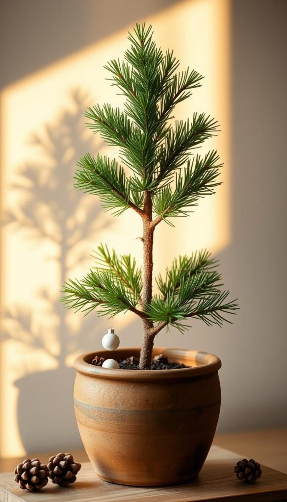 A compact and neatly trimmed mini tree stands elegantly in a rustic ceramic planter, its lush evergreen foliage softly illuminated by warm, natural lighting. The compact silhouette casts a cozy, winter-inspired shadow, perfectly suited for space-constrained interiors. Delicate pine cones and subtle DIY ornaments add a touch of handcrafted charm, creating a serene, Pinterest-worthy tableau evoking the peaceful ambiance of the holiday season.