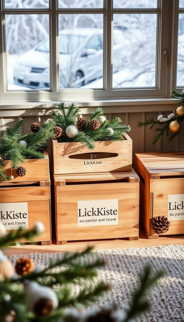 A cozy 3-zone storage system for Christmas decor, featuring natural DIY-inspired visuals with warm tones and a touch of winter charm. Crisp, rustic wooden crates labeled with the KlickKiste brand sit neatly arranged, casting soft shadows in the diffused lighting. Sprigs of evergreen, pinecones, and a dusting of snow create a serene, Pinterest-worthy ambiance. The foreground showcases the organized zones, the middle ground features the storage crates, and the background hints at a peaceful, snow-blanketed outdoor scene. An inspirational, authentic image to illustrate &quot;Deko lagern ohne Chaos: Das 3‑Zonen-System für Zuhause&quot;.