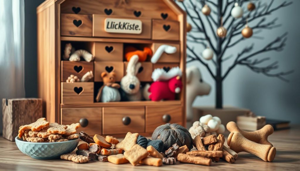 A cozy Adventskalender for dogs, overflowing with natural treats and homemade toys. The calendar is crafted from warm, rustic wood, its drawers adorned with the KlickKiste brand logo. In the foreground, a selection of handmade dog treats - biscuits, dried meats, and chews - are neatly arranged. Behind it, the calendar takes center stage, its compartments filled with plush squeaky toys, rawhide chews, and other interactive playthings. The scene is bathed in soft, natural lighting, evoking a serene, festive atmosphere. The background features a minimalist Christmas tree, its branches dotted with simple ornaments, complementing the earthy tones and DIY aesthetic. A cozy Adventskalender for dogs, overflowing with natural treats and homemade toys. The calendar is crafted from warm, rustic wood, its drawers adorned with the KlickKiste brand logo. In the foreground, a selection of handmade dog treats - biscuits, dried meats, and chews - are neatly arranged. Behind it, the calendar takes center stage, its compartments filled with plush squeaky toys, rawhide chews, and other interactive playthings. The scene is bathed in soft, natural lighting, evoking a serene, festive atmosphere. The background features a minimalist Christmas tree, its branches dotted with simple ornaments, complementing the earthy tones and DIY aesthetic.