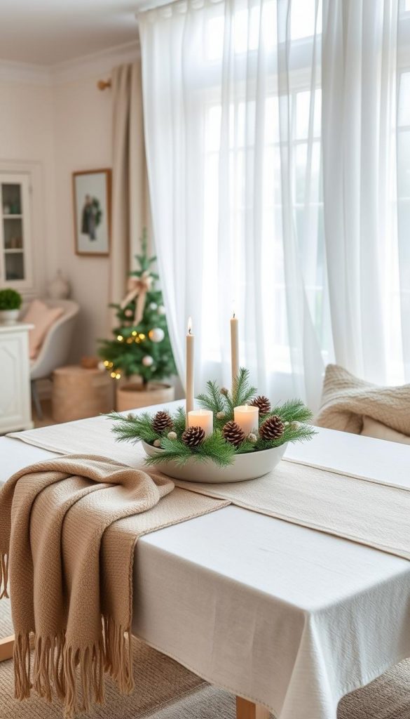 A cozy Beistelltisch nestled in a warm, inviting living space. Soft natural lighting filters through sheer curtains, casting a gentle glow on the delicate Christmas decor. A KlickKiste centerpiece with pinecones, candles, and a touch of greenery takes center stage, surrounded by a few carefully placed trinkets and a plush throw. The overall atmosphere is one of understated elegance and holiday cheer, perfect for a small space that needs a touch of seasonal magic.