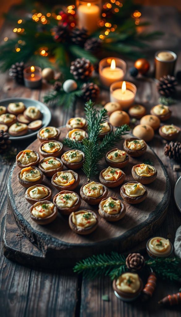 A cozy Christmas appetizer spread, artfully arranged on a rustic wooden table. Bite-sized delicacies, like mini quiches, cheese-stuffed mushrooms, and elegant canapés, create a visually captivating display. Warm lighting casts a soft, inviting glow, enhancing the festive atmosphere. Sprigs of evergreen, pinecones, and a touch of gold accents add natural, winter-inspired touches. The scene evokes a homemade, DIY aesthetic with a Pinterest-worthy aesthetic, inspiring holiday entertaining ideas. Authentic and visually appealing, this image captures the essence of the "Weihnachts Vorspeisen Ideen - die große Inspiration für dein Weihnachtsessen" section.