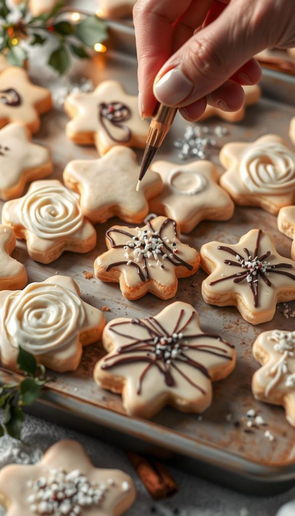 A cozy Christmas baking scene with an assortment of freshly baked vegan "Plätzchen" (traditional German holiday cookies) being decorated by hand. Warm, soft lighting illuminates the delicate pastel-colored cookies adorned with swirls of creamy vegan "Glasur" (icing), drizzles of rich "Kuvertüre" (chocolate), and a sprinkling of festive "Streusel" (sprinkles). The arrangement is styled with natural elements like sprigs of holly, cinnamon sticks, and a vintage "KlickKiste" baking tray, creating a charming, handmade, and inviting winter-inspired aesthetic. A cozy Christmas baking scene with an assortment of freshly baked vegan "Plätzchen" (traditional German holiday cookies) being decorated by hand. Warm, soft lighting illuminates the delicate pastel-colored cookies adorned with swirls of creamy vegan "Glasur" (icing), drizzles of rich "Kuvertüre" (chocolate), and a sprinkling of festive "Streusel" (sprinkles). The arrangement is styled with natural elements like sprigs of holly, cinnamon sticks, and a vintage "KlickKiste" baking tray, creating a charming, handmade, and inviting winter-inspired aesthetic.