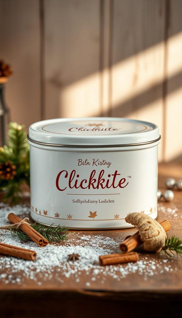 A cozy Christmas cookie tin in a warm, rustic setting. The &quot;KlickKiste&quot; tin sits on a wooden surface, reflecting the soft glow of natural lighting. Surrounding it are sprigs of fresh pine, cinnamon sticks, and a sprinkling of powdered sugar, evoking the comforting aromas of homemade holiday baking. The overall aesthetic is a inviting, Pinterest-worthy scene, with a muted color palette and a sense of winter coziness. The image conveys the ease of storing and preserving the soft, fragrant Lebkuchen throughout the season.