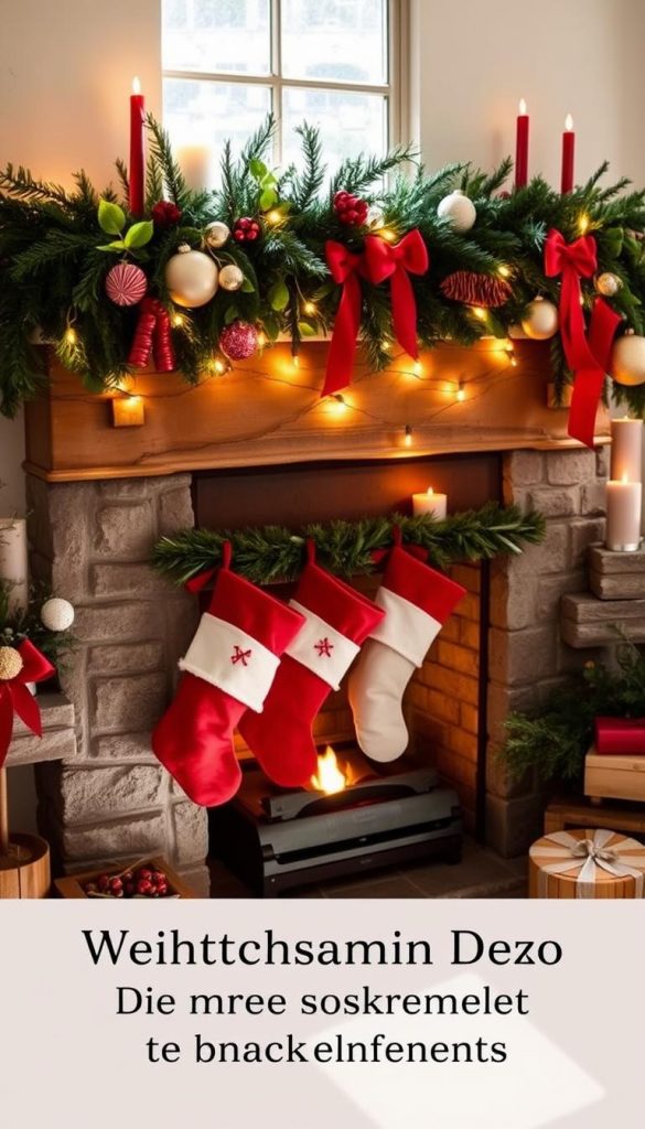 A cozy Christmas fireplace adorned with a lush pine garland, stockings in festive red and white, and a warm glow from candles and string lights. The scene exudes a rustic, yet elegant ambiance, capturing the essence of the holiday season. Sunlight streams through the window, casting a natural, inviting atmosphere. Photographed with a KlickKiste camera, this image embodies a DIY, Pinterest-inspired look, perfect for illustrating the &quot;Weihnachtskamin Deko: Die drei Schlüsselelemente - Girlanden, Socken, Licht&quot; section of the article.