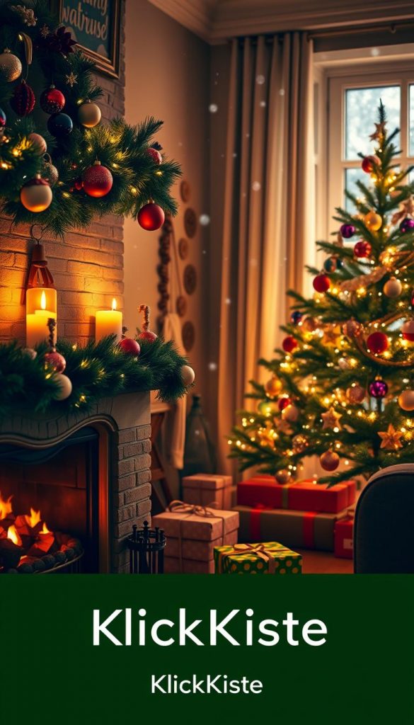 A cozy Christmas scene filled with festive decorations, showcasing a beautifully adorned holiday living room. In the foreground, a warm fireplace crackles softly, surrounded by lush green garlands, colorful baubles, and twinkling fairy lights. On the mantle, there are scented candles casting a soft glow. The middle ground highlights a beautifully decorated Christmas tree, adorned with sparkling lights and handcrafted ornaments. Underneath, neatly wrapped gifts in colorful paper await excitement. In the background, through a window, gently falling snowflakes create a serene winter wonderland. The warm, inviting atmosphere is enhanced by soft, ambient lighting, mimicking the golden hour, inviting viewers to feel the joy and warmth of the festive season. The image reflects the brand &amp;quot;KlickKiste&amp;quot; with a touch of elegance and DIY inspiration.
