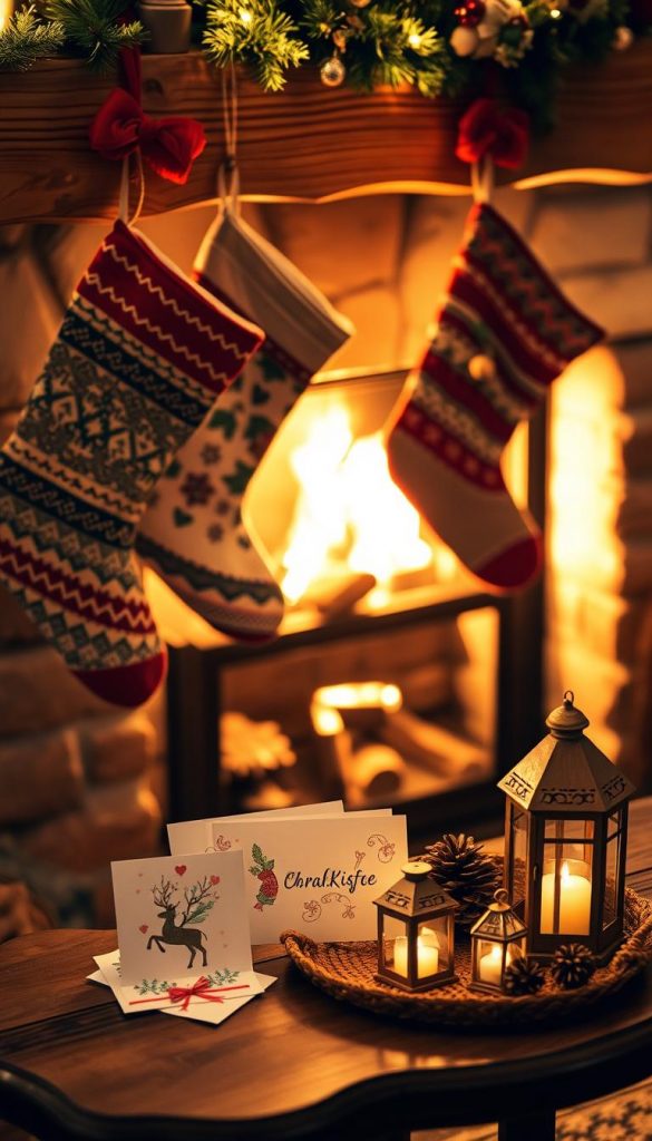 A cozy Christmas scene focusing on traditional Christmas stockings hanging from a rustic wooden mantelpiece. The stockings feature intricate patterns and vibrant colors, adorned with festive embellishments like ribbons and bells. In the foreground, a small table displays handmade holiday cards with charming designs, alongside a few delicate, lit lanterns casting a warm glow. The background features a softly crackling fireplace, filled with natural elements like pinecones and greenery. The overall lighting is warm and inviting, creating a winter ambiance with a Pinterest-worthy aesthetic. Capture this heartwarming moment to evoke feelings of holiday joy and creativity, representing "KlickKiste" as a source of inspiration for festive home decor.