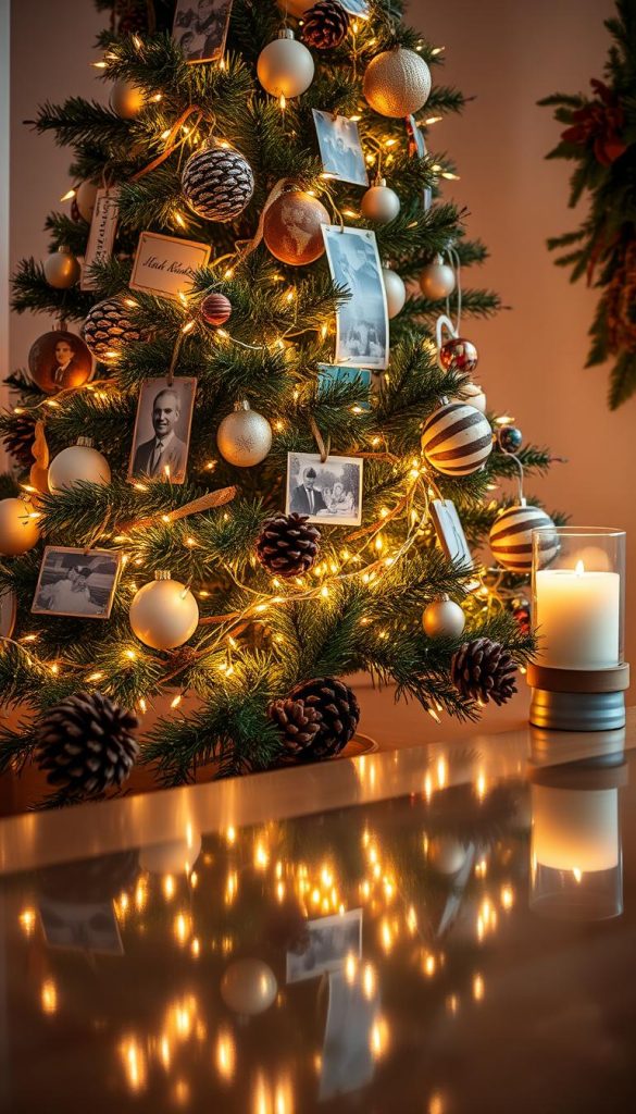 A cozy Christmas tree adorned with vintage photos, festive pins, and twinkling fairy lights. Soft, warm lighting bathes the scene, casting a golden glow. Rustic wooden ornaments, natural elements like pinecones, and a touch of greenery complete the charming, handcrafted display. The tree's reflection in a polished wooden surface adds depth and warmth. This captivating vignette exudes a sense of nostalgia and invites the viewer to pause and savor the magic of the holiday season. A perfect blend of tradition and modern Pinterest-inspired style.