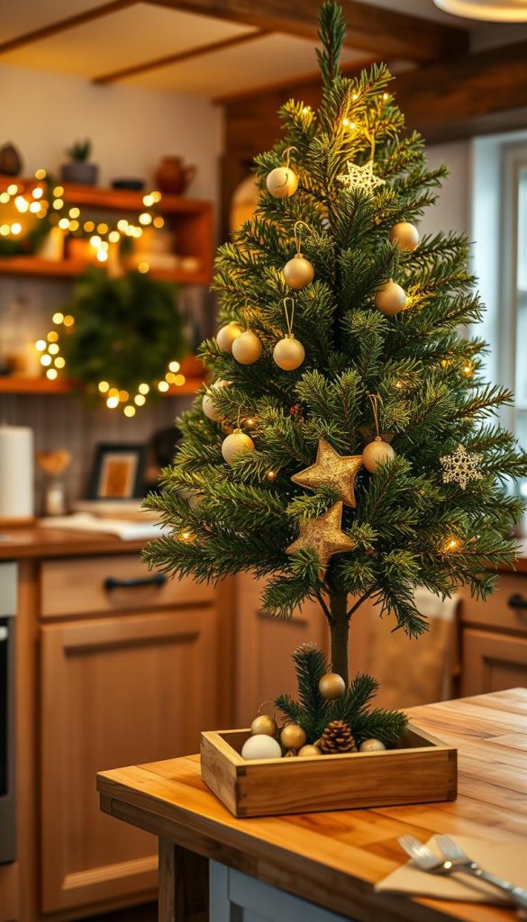 A cozy Christmas tree standing in a rustic kitchen, adorned with twinkling lights and natural ornaments. Soft, warm lighting casts a festive glow, highlighting the tree's lush, verdant boughs. In the foreground, a small wooden table or shelf displays the charming &quot;KlickKiste&quot; - a natural, DIY-inspired Christmas vignette. The scene exudes a welcoming, Pinterest-worthy atmosphere, blending winter coziness with a touch of Scandinavian minimalism. Authentic and visually inspiring, this image perfectly captures the essence of &quot;Kleine Weihnachtsbäume in der Küche: charmante Eyecatcher&quot;.