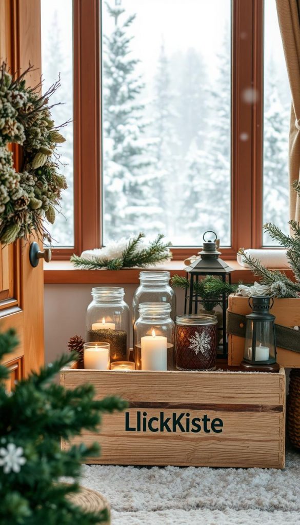 A cozy Christmas vignette with a rustic, sustainable aesthetic. In the foreground, a handcrafted wreath made from natural materials like dried flowers, pine cones, and twigs adorns a wooden door frame. In the middle ground, a KlickKiste-branded wooden crate holds an array of repurposed decor items - glass jars filled with tealights, a vintage-inspired lantern, and a woven plant holder. The background features a snow-dusted windowsill, framing a winter landscape of pine trees and a gently falling snowfall, bathed in warm, natural lighting. The overall mood is one of hygge-inspired coziness and eco-conscious creativity.