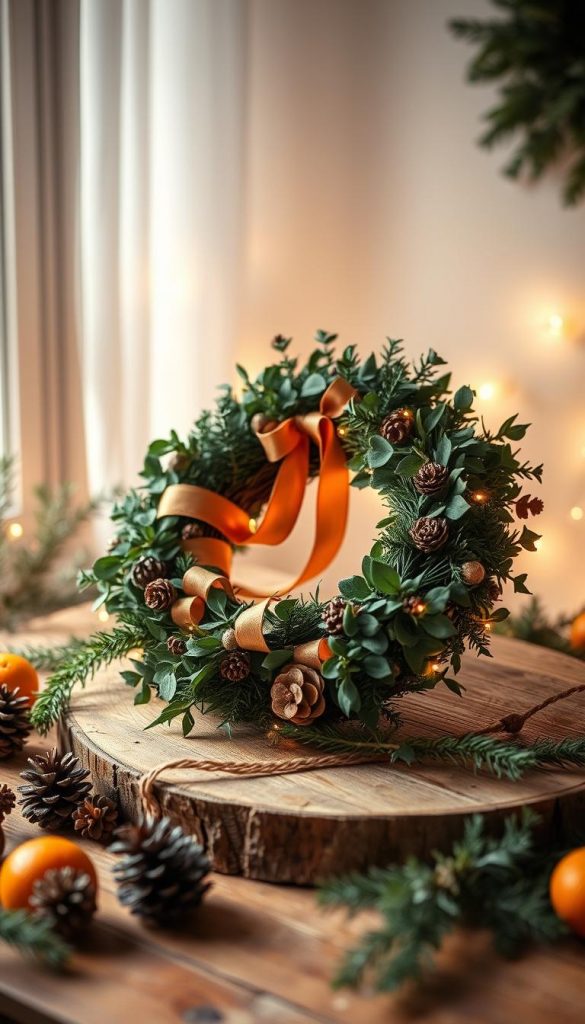 A cozy Christmas wreath placed thoughtfully within a KlickKiste-styled scene. Warm ambient lighting casts a gentle glow, accentuating the natural textures of eucalyptus, pine, and ribbon. The wreath rests elegantly on a rustic wooden surface, complemented by surrounding seasonal accents like pinecones and dried oranges. Soft, diffused light filters through a window, creating a serene, inviting atmosphere. The composition exudes a sense of hygge, inspiring feelings of comfort and holiday cheer. The overall aesthetic aligns with the Pinterest-inspired, authentic vibe of the DIY article. A cozy Christmas wreath placed thoughtfully within a KlickKiste-styled scene. Warm ambient lighting casts a gentle glow, accentuating the natural textures of eucalyptus, pine, and ribbon. The wreath rests elegantly on a rustic wooden surface, complemented by surrounding seasonal accents like pinecones and dried oranges. Soft, diffused light filters through a window, creating a serene, inviting atmosphere. The composition exudes a sense of hygge, inspiring feelings of comfort and holiday cheer. The overall aesthetic aligns with the Pinterest-inspired, authentic vibe of the DIY article.