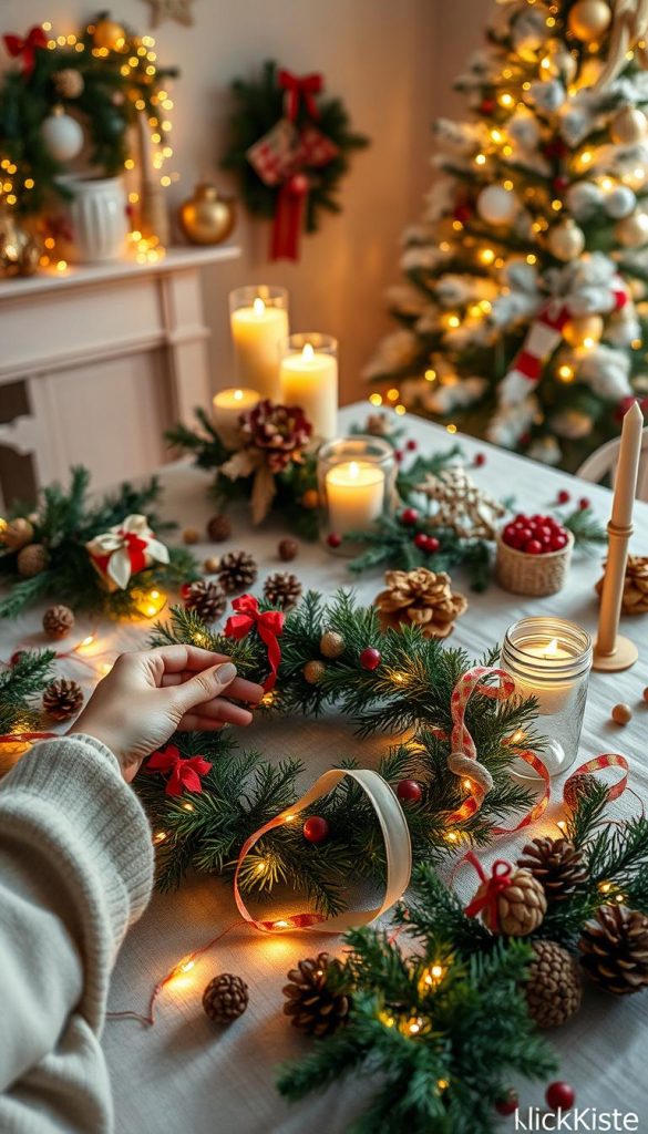 A cozy DIY Christmas scene inspired by "KlickKiste," featuring a decorated table filled with natural materials like pine cones, twinkling fairy lights, and handmade ornaments. In the foreground, a pair of hands skillfully crafts a holiday wreath using fresh greenery, with colorful ribbons and festive embellishments scattered around. The middle section displays various DIY decorations, such as candle holders made from mason jars and dried fruit garlands, all warmly illuminated by soft, golden light. The background features a softly glowing Christmas tree adorned with tasteful decorations, creating a harmonious winter vibe. The atmosphere is inviting and inspiring, with a focus on creativity and stress-free crafting for the holiday season. Natural, earthy tones dominate the palette, enhancing the festive spirit.