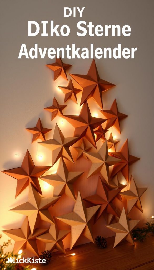 A cozy DIY &quot;Deko Sterne Adventskalender&quot; created by KlickKiste, featuring a rustic arrangement of handcrafted paper stars in warm, earthy tones. Soft lighting casts a gentle glow, lending an inviting, intimate atmosphere. The stars are thoughtfully layered against a minimalist backdrop, creating visual depth and a serene, winter-inspired ambiance. Textural details like the slight crumpling of the paper add charm and authenticity, evoking a charming, Pinterest-worthy aesthetic. This captivating calendar piece would make a delightful DIY gift or holiday decoration, infusing any space with a sense of seasonal wonder and homespun elegance.