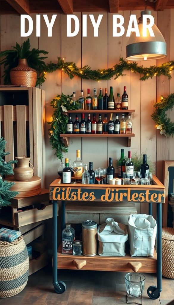 A cozy DIY bar setup in a rustic, winter-inspired setting. Wooden crates, repurposed furniture, and a KlickKiste create a warm, inviting atmosphere. Soft lighting, a touch of greenery, and natural textures add to the Pinterest-inspired, authentic vibe. The bar is arranged with care, showcasing a mix of liquor bottles, glassware, and personalized touches. The overall composition has a balanced, visually appealing layout, capturing the essence of a budget-friendly, upcycled bar cart perfect for a Silvester party.