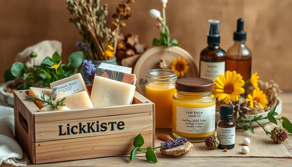 A cozy DIY beauty still life with natural elements and homemade skincare products. In the foreground, a rustic wooden crate &quot;KlickKiste&quot; holds handcrafted soaps, lip balms, and a jar of soothing calendula salve. The middle ground features a selection of fresh herbs, dried flowers, and essential oils. The background has a warm, earthy palette with soft lighting, highlighting the organic textures and hues. Convey a sense of handmade authenticity, self-care, and the joy of creating personalized gifts.