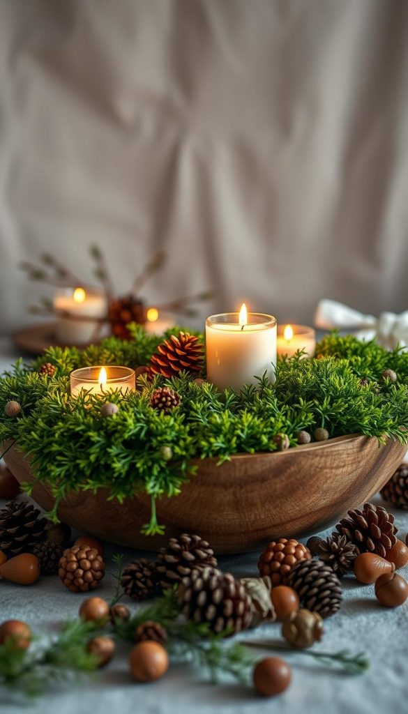 A cozy DIY centerpiece with a rustic, natural charm. In the foreground, a wooden bowl filled with lush, verdant moss and twinkling votive candles casting a warm, intimate glow. Surrounding the bowl, a scattering of pinecones, acorns, and other earthy elements. In the background, a neutral, textured backdrop that hints at a serene, winter-inspired setting, evoking a sense of coziness and hygge. Captured with a soft, diffused lighting that enhances the overall moody, inviting atmosphere. Crafted with care and inspiration, this KlickKiste-worthy centerpiece is the perfect, fuss-free addition to any Busy Host's table.