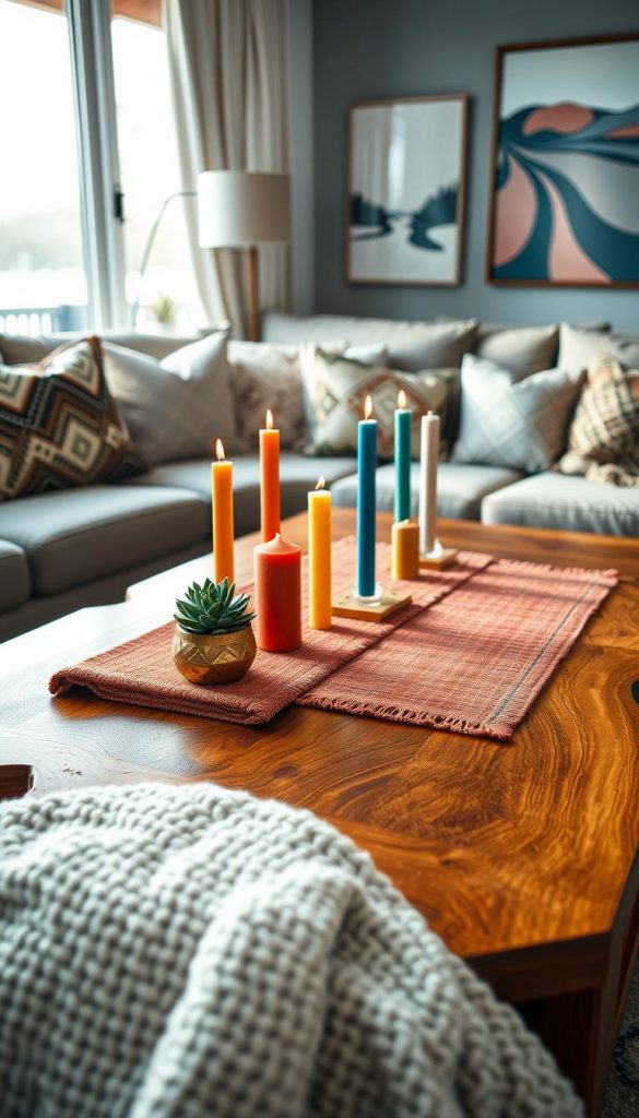 A cozy DIY coffee table setting that embodies bold statement decor, featuring a handcrafted wooden coffee table with unique geometric shapes, showcasing a warm, rich finish. The table is adorned with a vibrant, textured table runner in earthy tones, and a collection of carefully arranged, colorful candles varying in height. In the foreground, a small succulent in an artistic planter adds a touch of greenery. The middle ground reveals a soft, knitted throw draped over one side of the table, enhancing the inviting atmosphere. The background offers a glimpse of a sunlit living room adorned with patterned cushions and a statement art piece on the wall, conjuring winter vibes. The lighting is warm and natural, softly illuminating the scene from a nearby window, with an outdoor view hinting at a snowy landscape. This image exudes a Pinterest-worthy cozy aesthetic, inspired by KlickKiste. A cozy DIY coffee table setting that embodies bold statement decor, featuring a handcrafted wooden coffee table with unique geometric shapes, showcasing a warm, rich finish. The table is adorned with a vibrant, textured table runner in earthy tones, and a collection of carefully arranged, colorful candles varying in height. In the foreground, a small succulent in an artistic planter adds a touch of greenery. The middle ground reveals a soft, knitted throw draped over one side of the table, enhancing the inviting atmosphere. The background offers a glimpse of a sunlit living room adorned with patterned cushions and a statement art piece on the wall, conjuring winter vibes. The lighting is warm and natural, softly illuminating the scene from a nearby window, with an outdoor view hinting at a snowy landscape. This image exudes a Pinterest-worthy cozy aesthetic, inspired by KlickKiste.