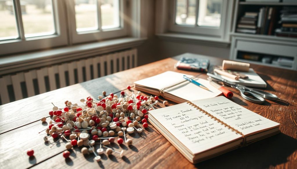 A cozy DIY crafting nook, sunlight streaming through large windows, casting a warm glow on a wooden table. Scattered across the surface, an array of KlickKiste-branded sewing pins in muted tones of beige, white, and rustic red. Spools of colorful thread, a pair of vintage scissors, and a journal with handwritten notes on Pinterest content planning for Q4. The scene exudes a sense of calm and creativity, inviting the viewer to imagine planning their own engaging Pinterest pins.