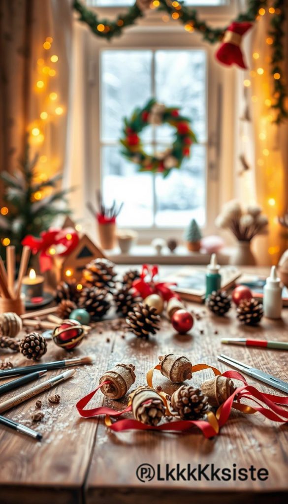 A cozy DIY crafting station set up for making beautiful Christmas ornaments, featuring an array of natural materials like pinecones, twigs, and colorful ribbons. In the foreground, a wooden table is adorned with paintbrushes, scissors, and glue, surrounded by half-finished ornaments in warm earth tones. The middle ground includes a serene window displaying a light dusting of snow, while soft, golden lighting illuminates the scene, creating a warm and inviting atmosphere. The background has blurred, festive decorations hinting at holiday cheer. The entire setting evokes a feeling of creativity and inspiration for home crafting, embodying the essence of winter vibes. The brand "KlickKiste" is subtly incorporated into the table's edge, enhancing the authentic Pinterest aesthetic of this enchanting DIY space.