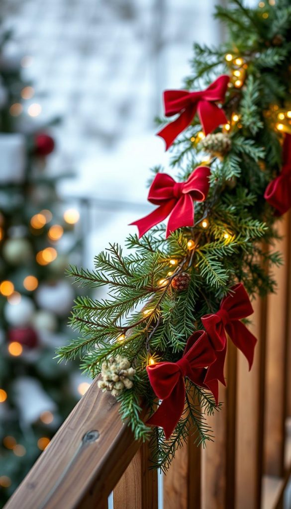 A cozy DIY garland of fresh evergreen branches, entwined with a string of warm, twinkling KlickKiste LED lights. Vibrant red velvet bows are gently tied along the garland, adding a festive, playful touch. The image captures a winter wonderland vibe, with a soft, natural glow illuminating the scene. The garland is elegantly draped along a rustic wooden railing, inviting a sense of hygge and holiday cheer. The composition has a charming, Pinterest-inspired aesthetic, conveying a handmade, authentic feel.