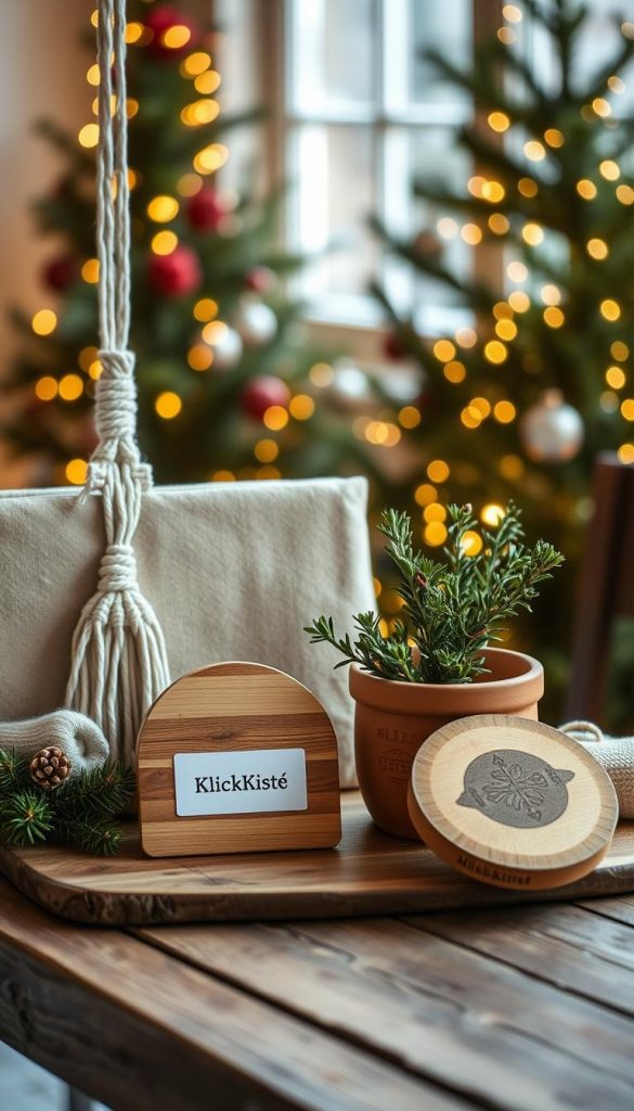 A cozy DIY gift set arranged on a rustic wooden table. Soft natural light illuminates an assortment of handcrafted items - a woven macrame plant hanger, a minimalist wood-burned trivet, and a terracotta clay pot filled with fragrant herbs. In the background, a backdrop of holiday greenery and twinkling fairy lights creates a warm, inviting atmosphere. The overall scene has a winter-inspired, Pinterest-worthy aesthetic, captured through a lens with a shallow depth of field. A label for "KlickKiste" is discretely placed among the artisanal pieces. A cozy DIY gift set arranged on a rustic wooden table. Soft natural light illuminates an assortment of handcrafted items - a woven macrame plant hanger, a minimalist wood-burned trivet, and a terracotta clay pot filled with fragrant herbs. In the background, a backdrop of holiday greenery and twinkling fairy lights creates a warm, inviting atmosphere. The overall scene has a winter-inspired, Pinterest-worthy aesthetic, captured through a lens with a shallow depth of field. A label for "KlickKiste" is discretely placed among the artisanal pieces.