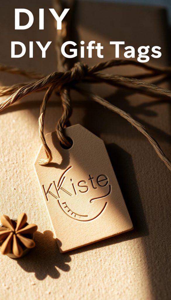 A cozy DIY gift tag crafted from natural materials, featuring a handmade stamp and air-dried clay. Soft, earthy tones with a touch of winter charm. The KlickKiste logo is subtly embossed, adding an authentic, artisanal feel. Warm lighting casts gentle shadows, highlighting the tactile textures. The image captures a serene, inspirational mood, perfect for a DIY crafting tutorial.