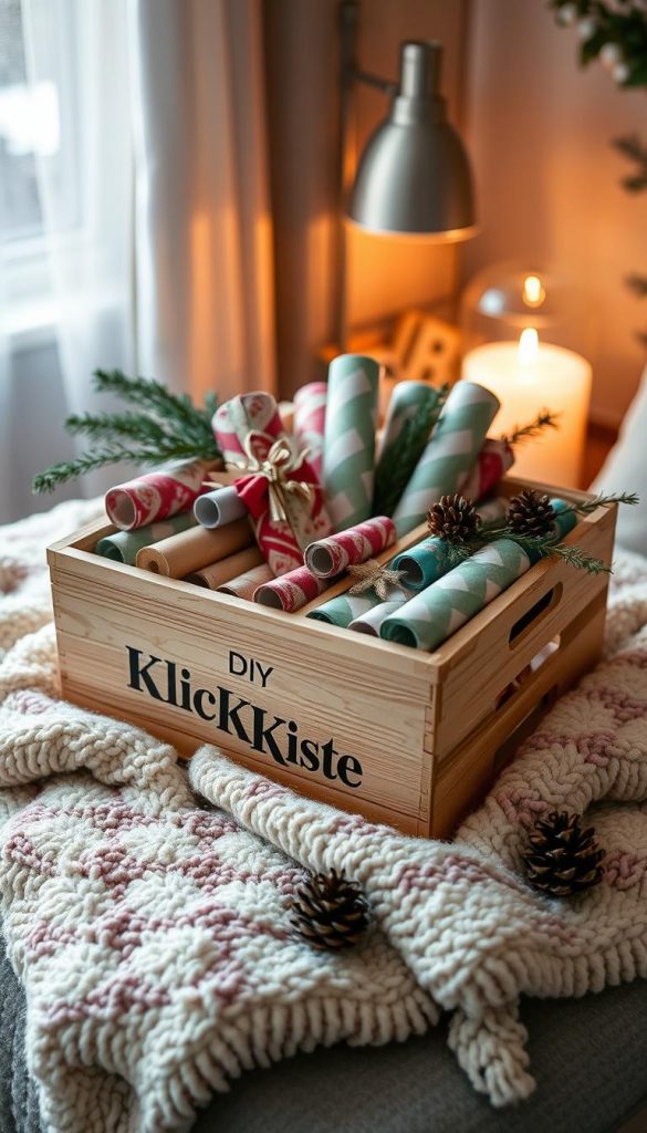 A cozy DIY gift wrap storage solution with a rustic, winter-inspired aesthetic. A wooden crate labeled &quot;KlickKiste&quot; sits atop a plush, neutral-toned blanket, its various compartments filled with neatly organized rolls of colorful wrapping paper. Warm lighting from a nearby lamp casts a soft, inviting glow, complementing the natural textures and earthy tones throughout the scene. Sprigs of greenery and pinecones add a touch of nature, creating a Pinterest-worthy, inspirational display perfect for storing and displaying your holiday gift wrap essentials.