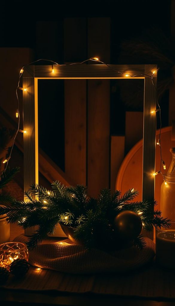 A cozy DIY indirect lighting setup featuring warm, natural tones and a rustic, winter-inspired aesthetic. A handcrafted, wooden KlickKiste frame holds a soft, diffused light source, casting a comforting glow throughout the scene. Lush, evergreen foliage and delicate fairy lights add subtle layers of ambient illumination, creating a inviting, Pinterest-worthy atmosphere. The setup is placed in a moody, atmospheric environment, with hints of wooden textures and natural materials in the background, conveying a sense of simplicity and authenticity.