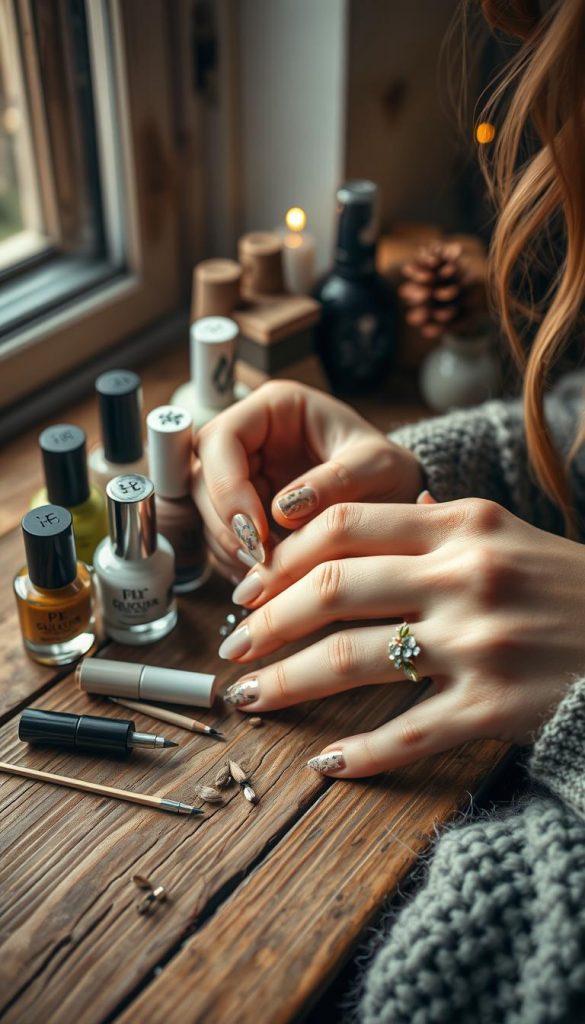 A cozy DIY nail art scene with warm, earthy tones. A close-up view of a woman's hands gently applying intricate, nature-inspired designs using an array of nail polish bottles and tools on a rustic wooden surface. Soft, diffused lighting from a window casts a gentle glow, creating a peaceful, inviting atmosphere. The fingernails showcase delicate floral patterns, shimmering accents, and subtle geometric elements, reflecting the user's creative flair. The overall aesthetic is both elegant and festive, perfectly capturing the spirit of the holiday season.